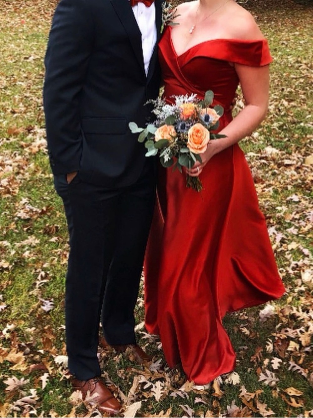 Mori Lee Off-Shoulder Satin Maxi Gown in Rust Red - Picture 2 of 4